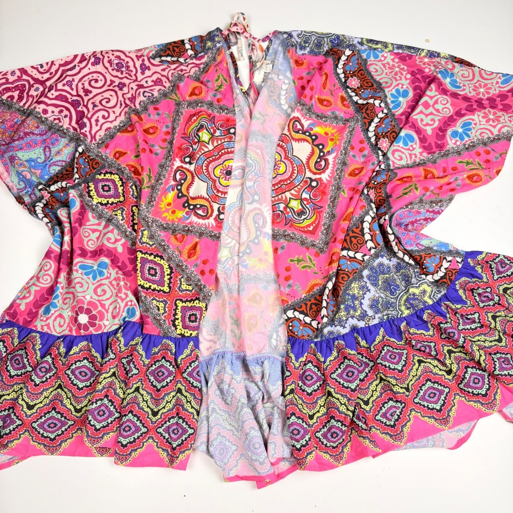 Umgee Pink Patchwork Paisley Open Front Kimono Ruffle Hem Cardigan XL/XXL